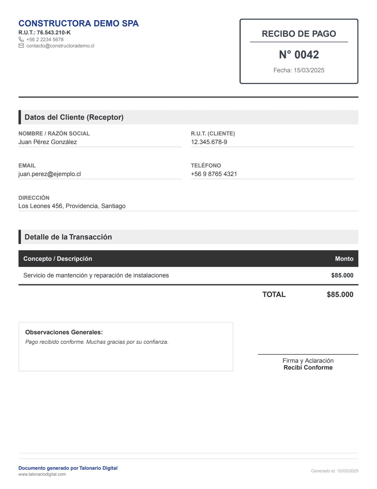 Vista previa de un recibo de pago profesional en PDF generado con Talonario Digital