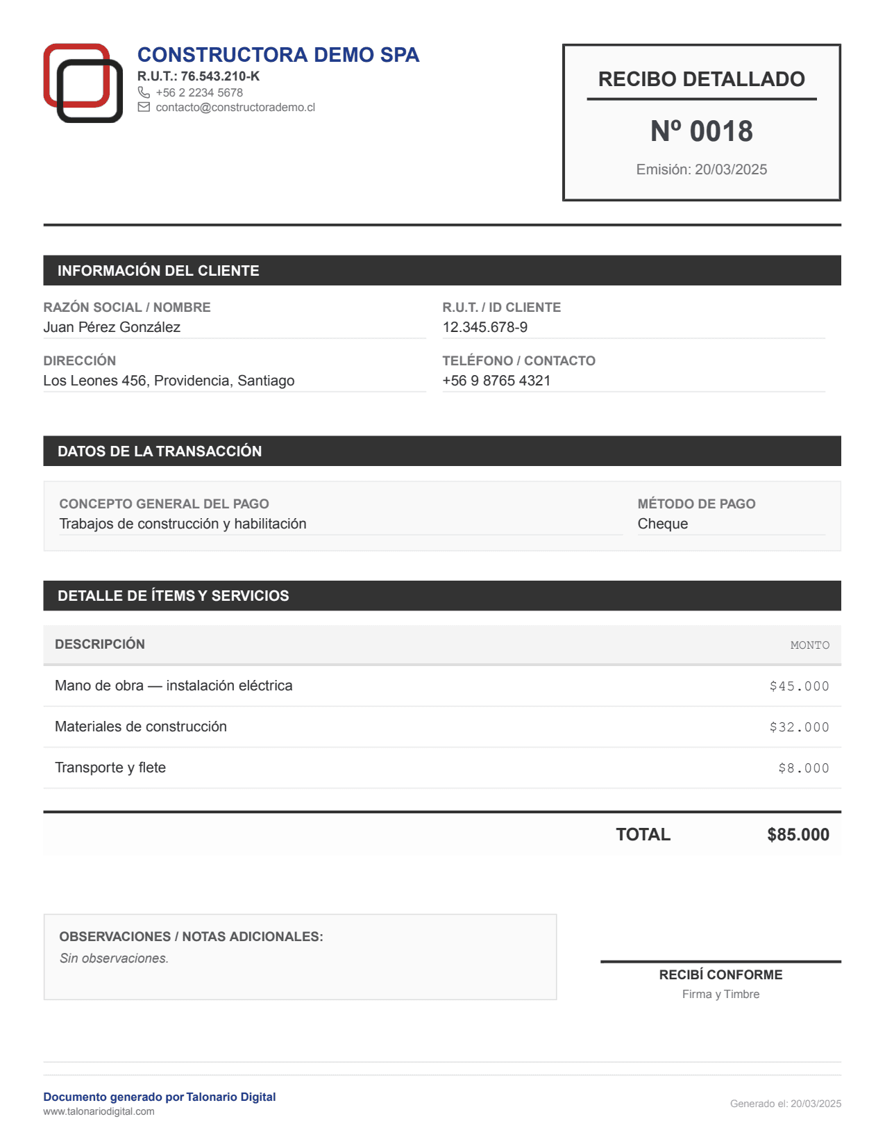 Vista previa de un recibo detallado en PDF generado con Talonario Digital