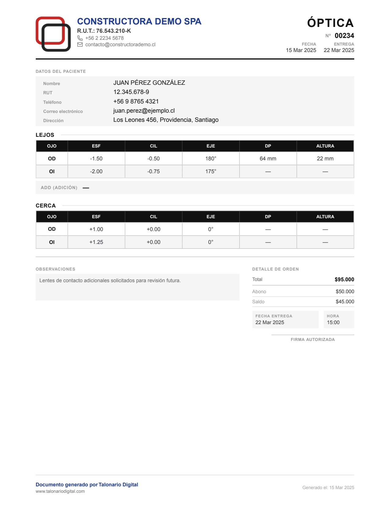 Vista previa de una orden de trabajo de óptica en PDF generada con Talonario Digital