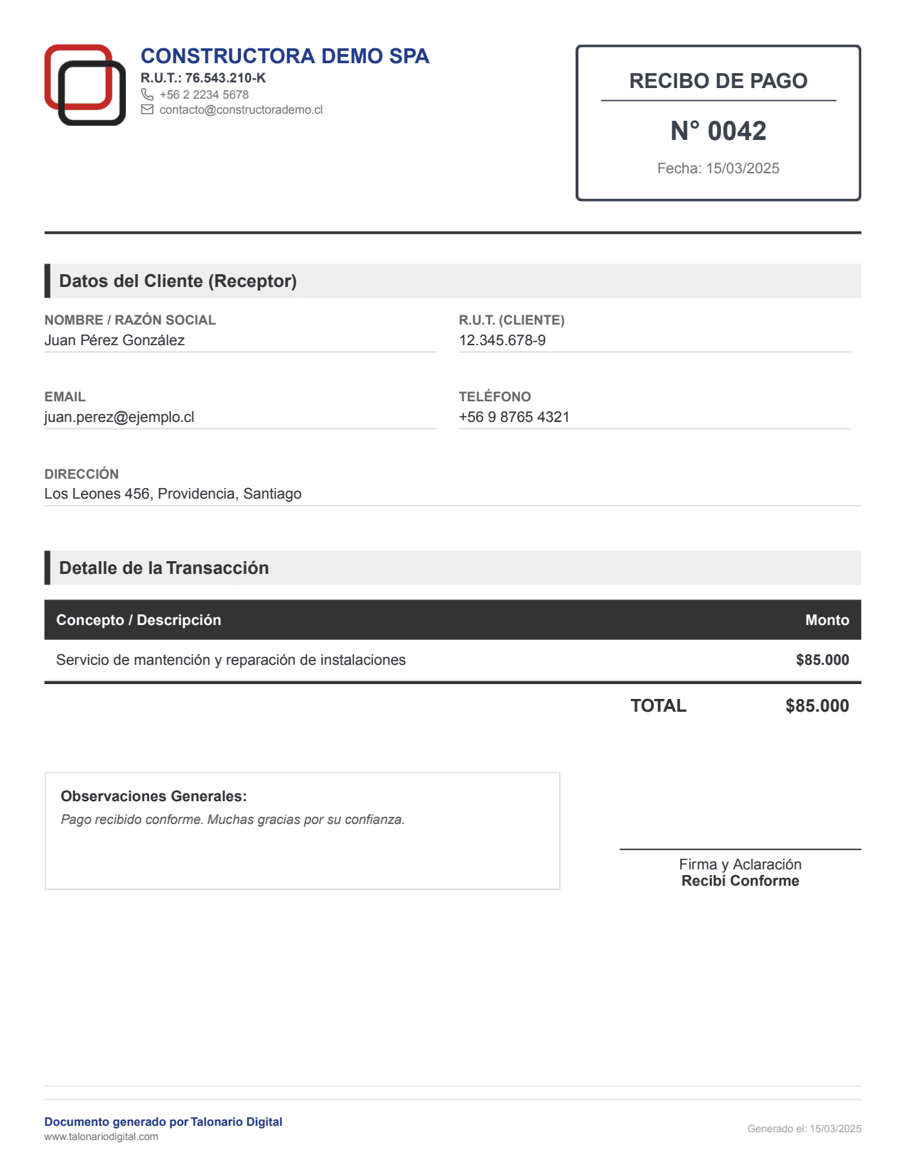 Vista previa de un recibo de pago profesional en PDF generado con Talonario Digital