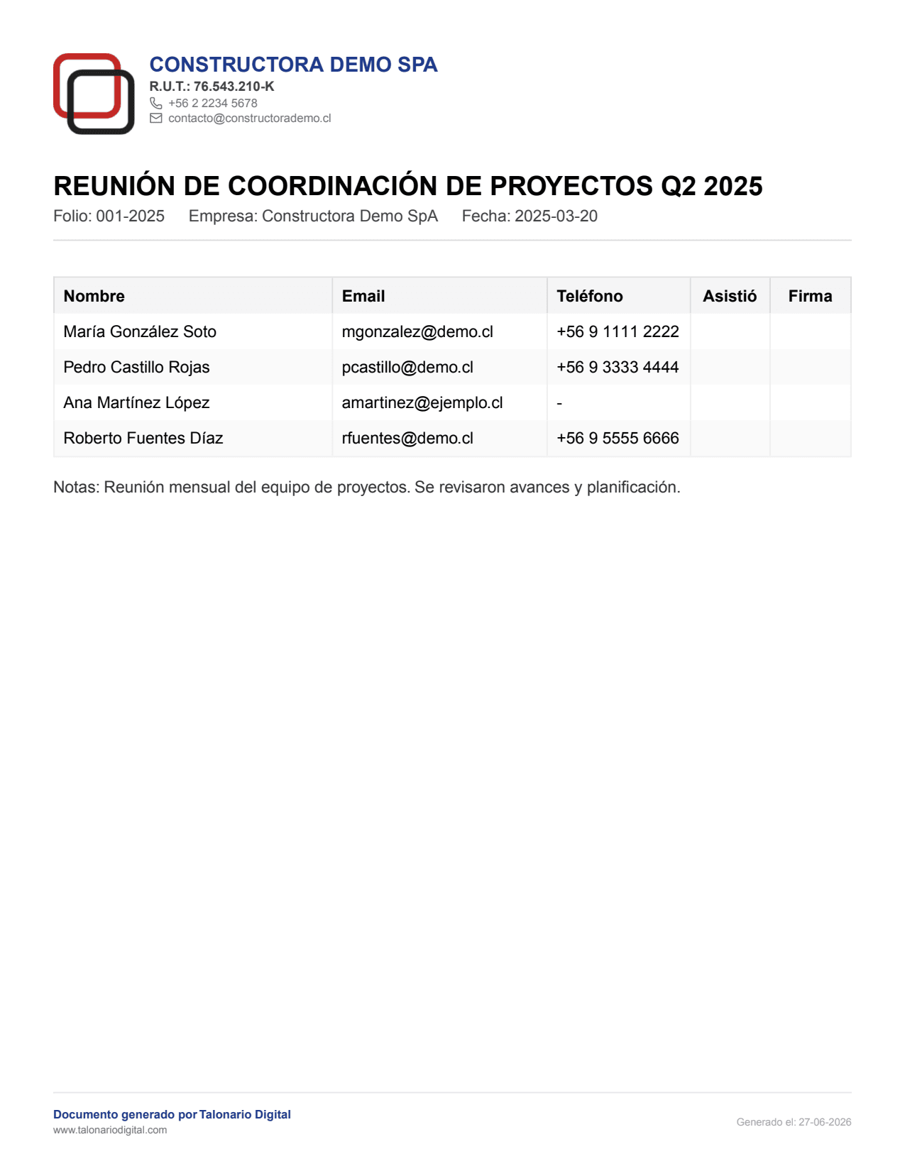 Vista previa de una lista de asistentes en PDF