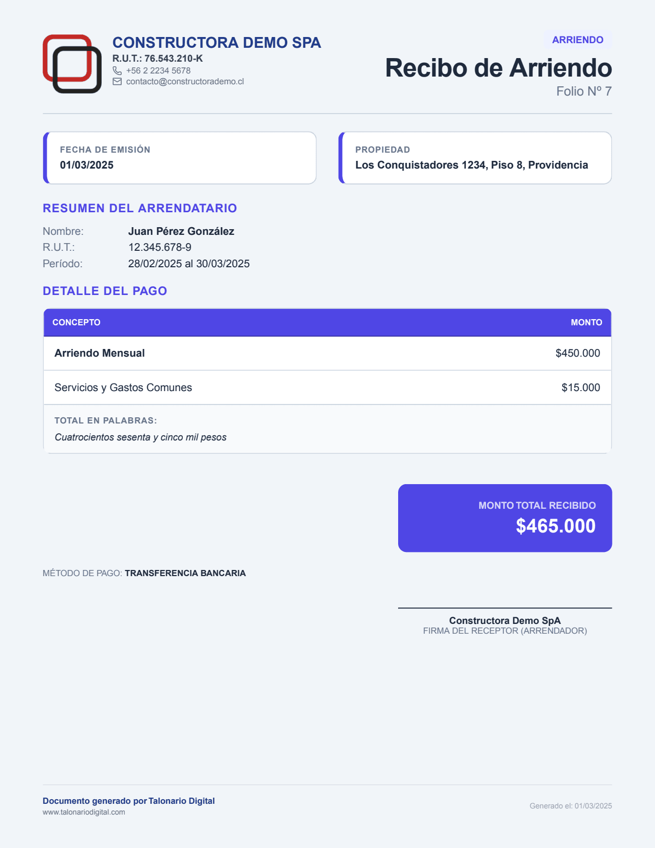 Vista previa de un recibo de arriendo en PDF generado con Talonario Digital