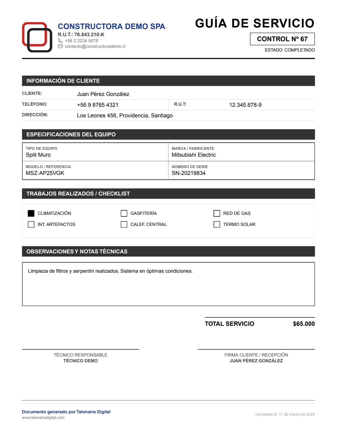 Vista previa de una guía de servicio de climatización en PDF