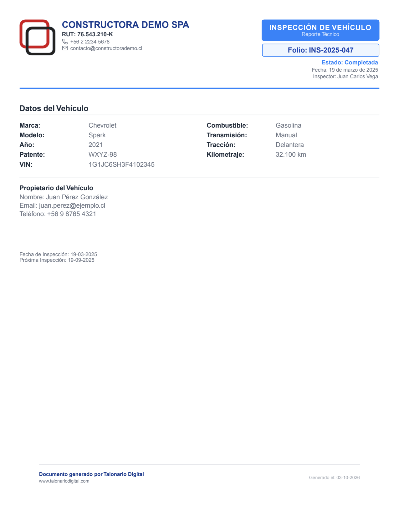 Vista previa de una inspección de vehículo en PDF