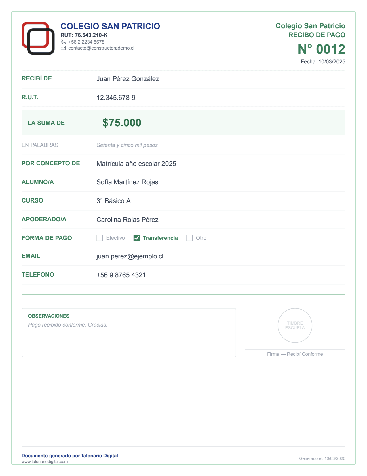 Vista previa de un recibo de pago escolar en PDF