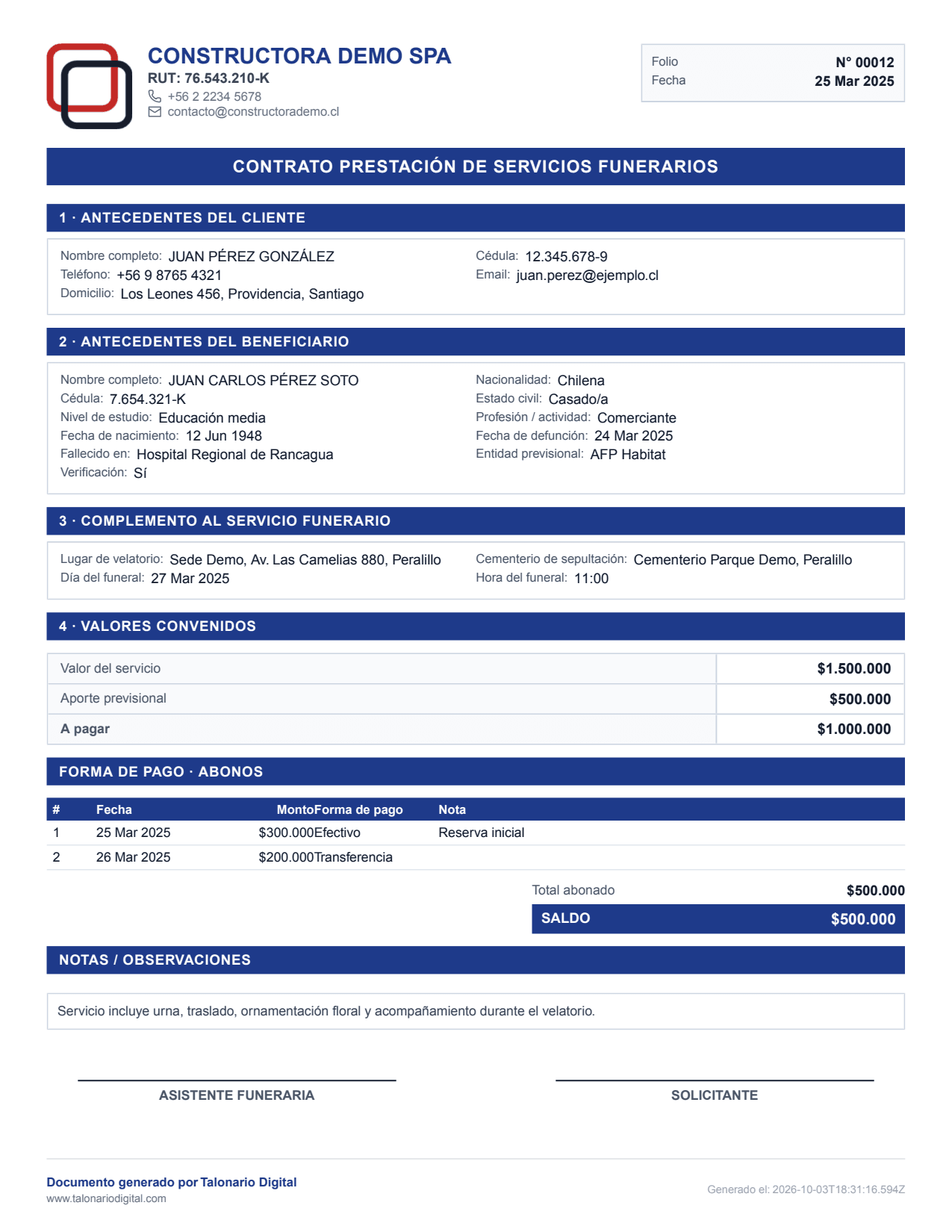 Vista previa de un contrato de servicio funerario en PDF